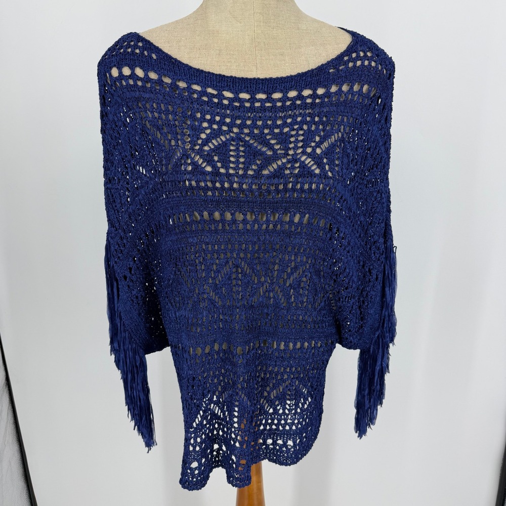 White House Black Market Crochet Poncho Women Small Petite Blue Fringe Boho Knit